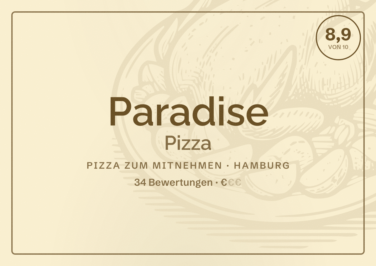 Illustriertes Poster von Paradise Pizza, Pizza zum Mitnehmen in Hamburg: Bewertung 8,9 von 10 aus 34 Bewertungen, Preisniveau €