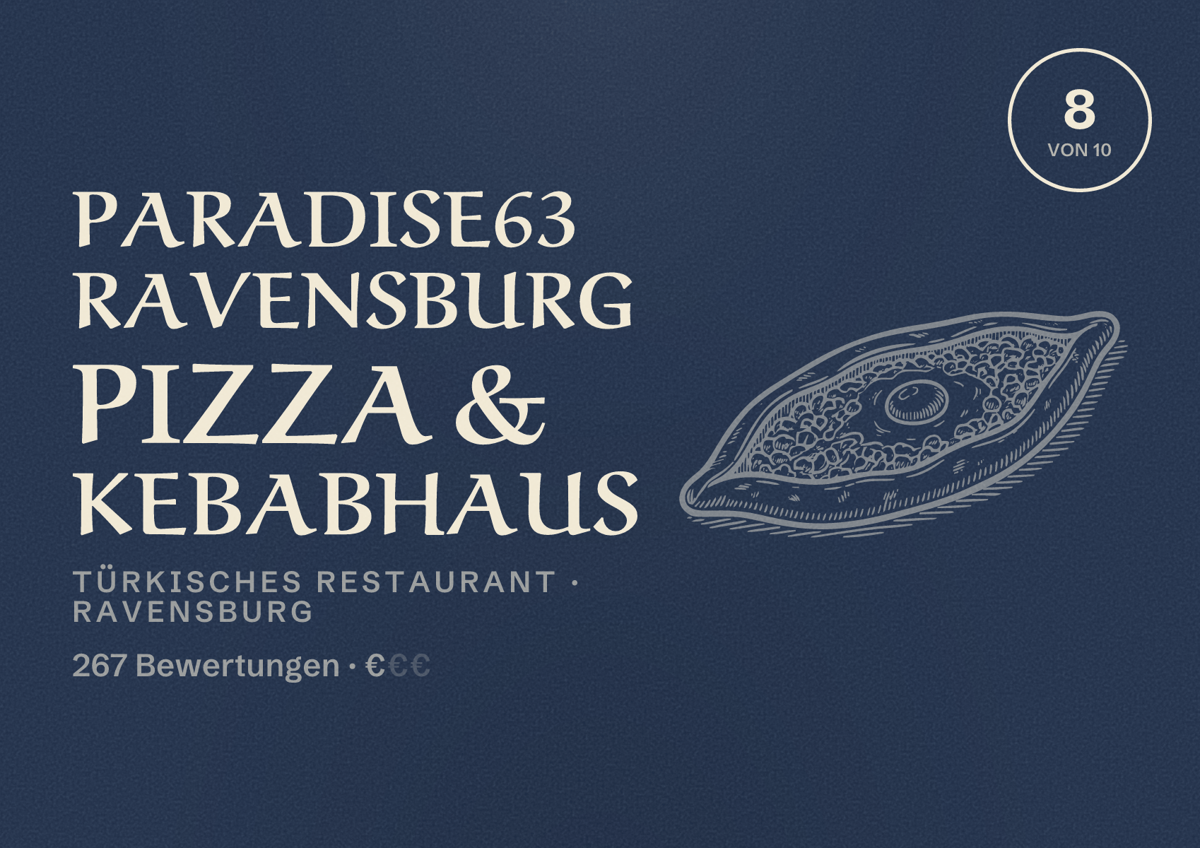 Illustriertes Poster von paradise63 Ravensburg Pizza & Kebabhaus, Türkisches Restaurant in Ravensburg: Bewertung 8 von 10 aus 267 Bewertungen, Preisniveau €