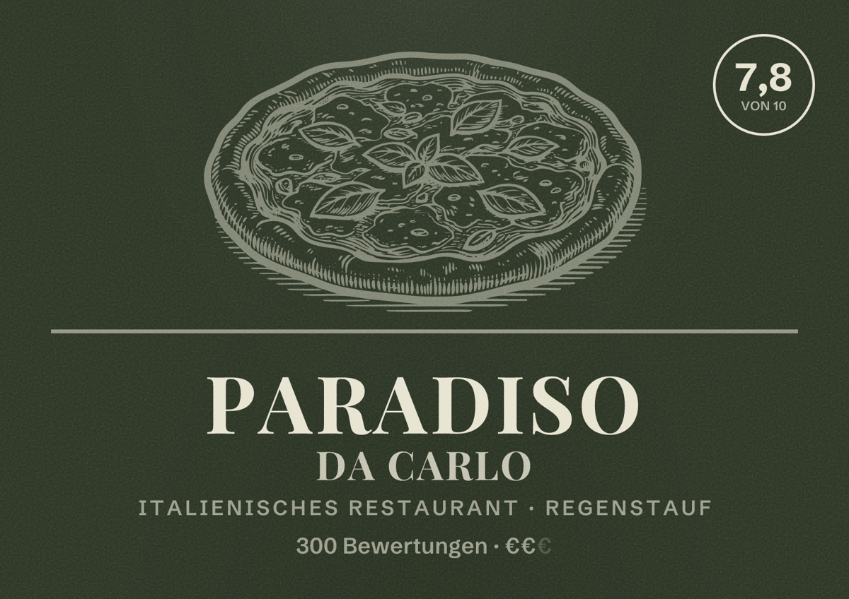 Illustriertes Poster von Paradiso da Carlo, Italienisches Restaurant in Regenstauf: Bewertung 7,8 von 10 aus 300 Bewertungen, Preisniveau €€