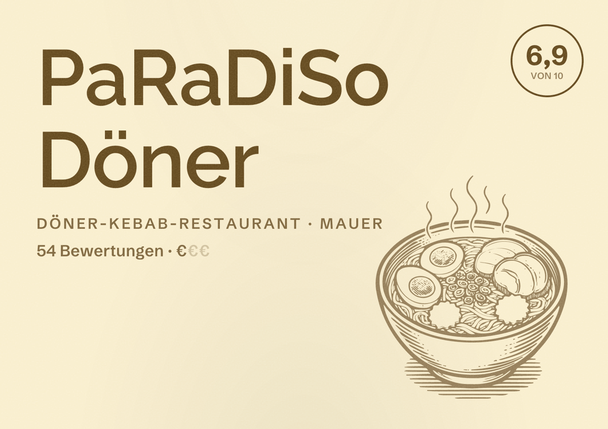 Illustriertes Poster von PaRaDiSo Döner, Döner-Kebab-Restaurant in Mauer: Bewertung 6,9 von 10 aus 54 Bewertungen, Preisniveau €