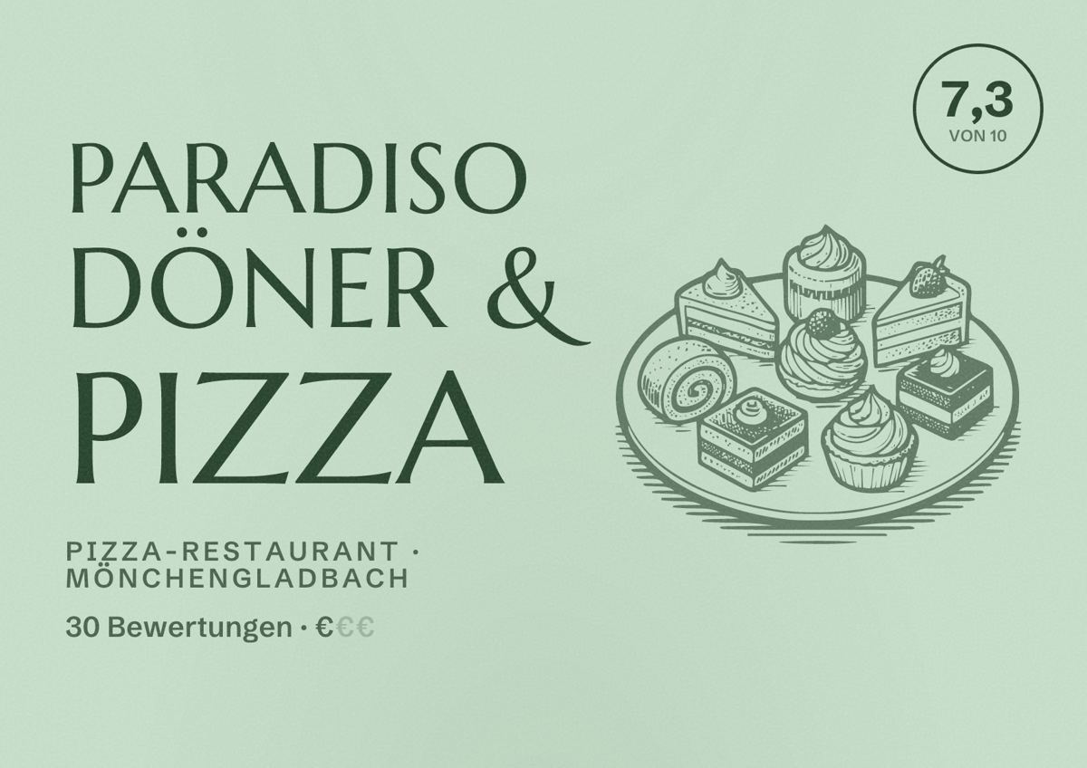 Illustriertes Poster von Paradiso Döner & Pizza, Pizza-Restaurant in Mönchengladbach: Bewertung 7,3 von 10 aus 30 Bewertungen, Preisniveau €