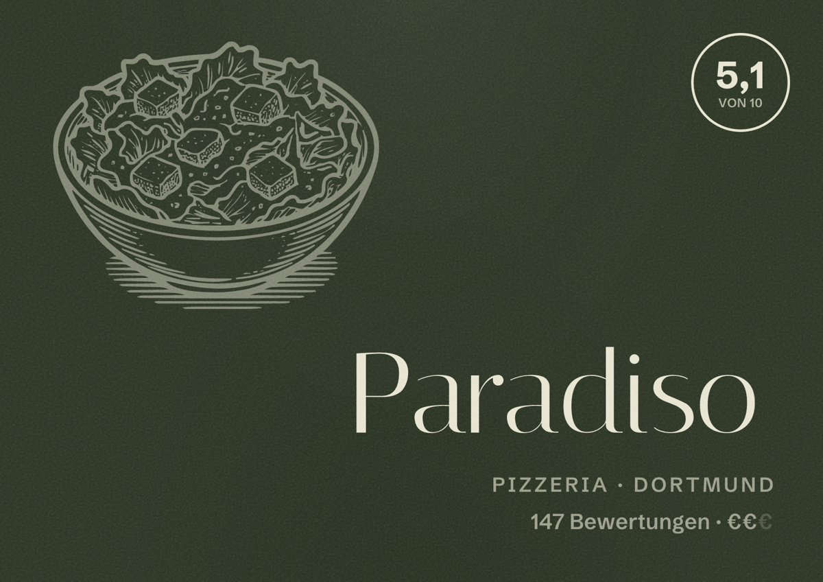 Illustriertes Poster von Paradiso, Pizzeria in Dortmund: Bewertung 5,1 von 10 aus 147 Bewertungen, Preisniveau €€