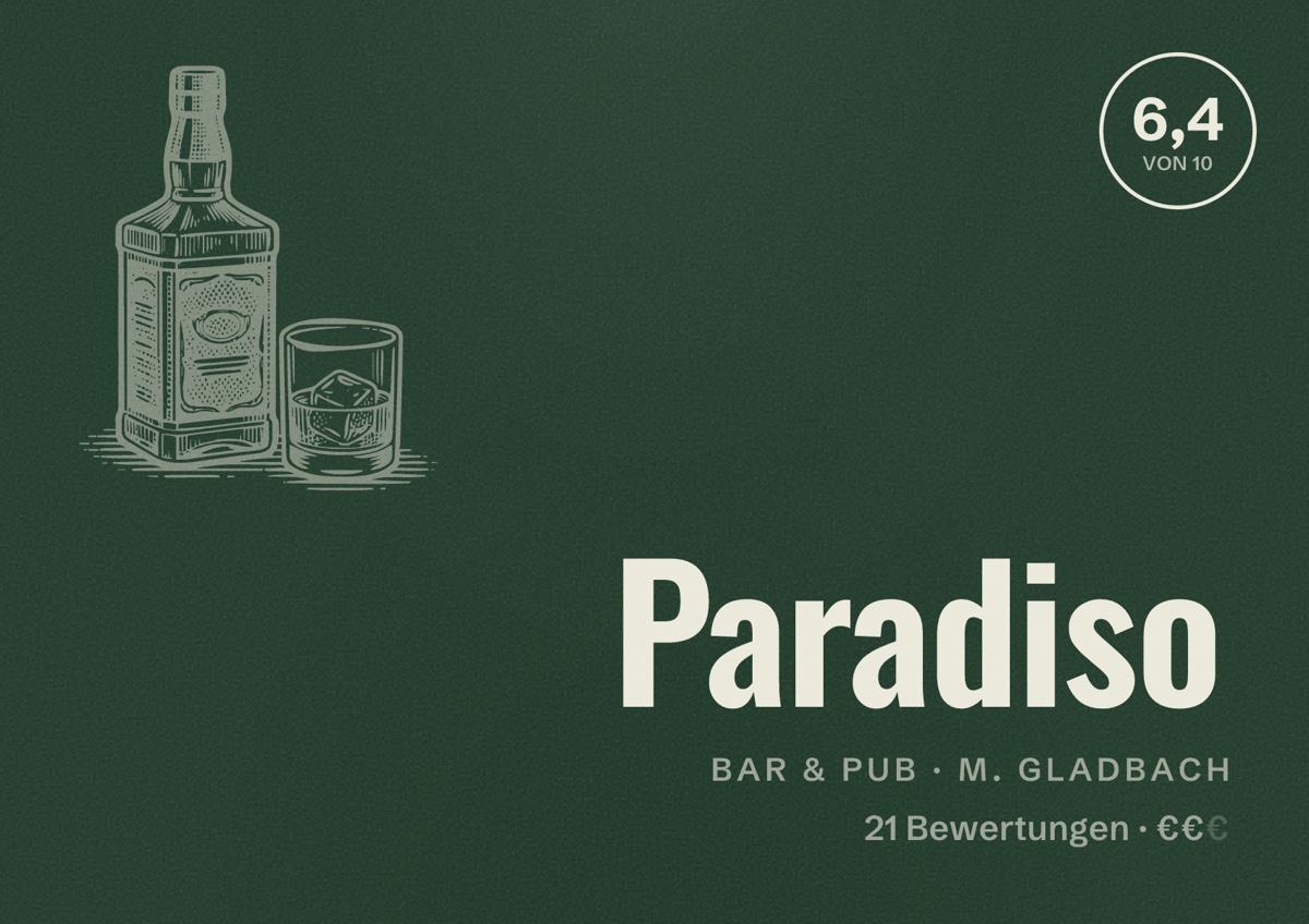 Illustriertes Poster von Paradiso, Bar & Pub in M. Gladbach: Bewertung 6,4 von 10 aus 21 Bewertungen, Preisniveau €€