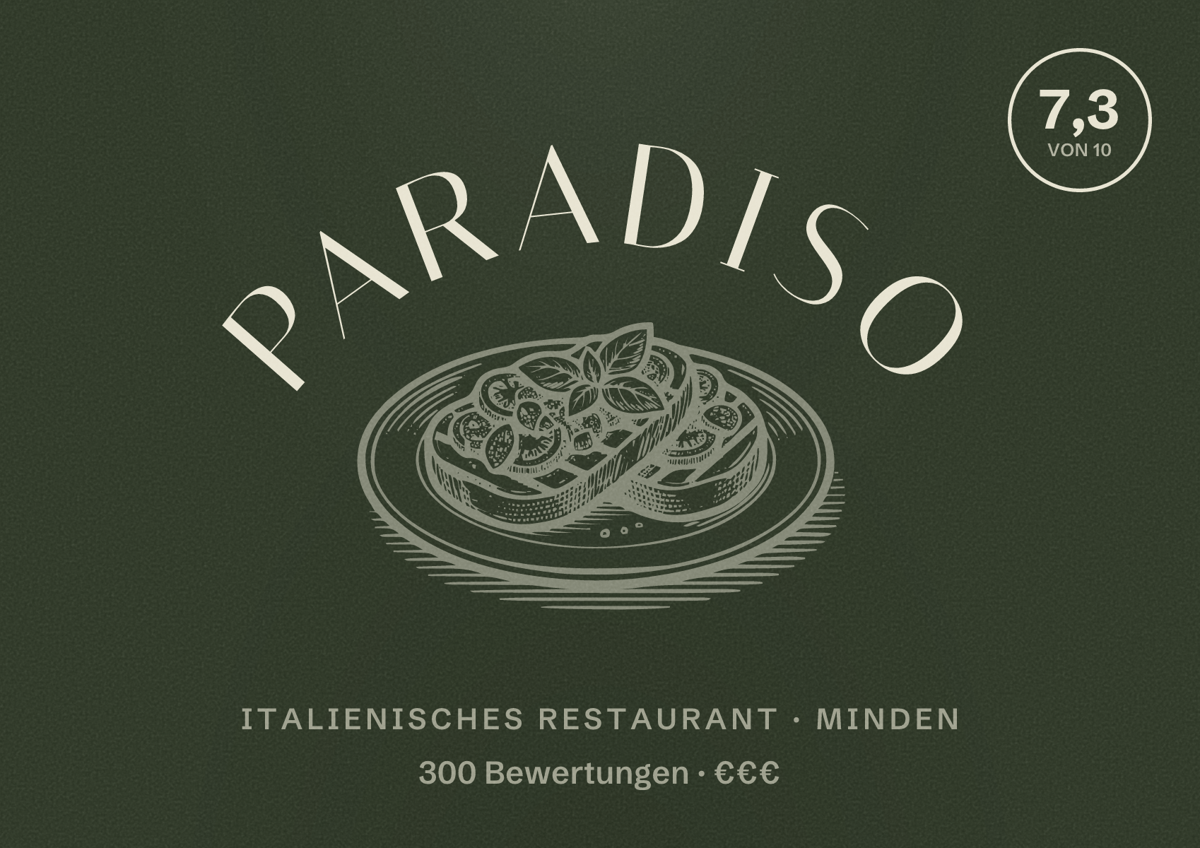 Illustriertes Poster von Paradiso, Italienisches Restaurant in Minden: Bewertung 7,3 von 10 aus 300 Bewertungen, Preisniveau €€€