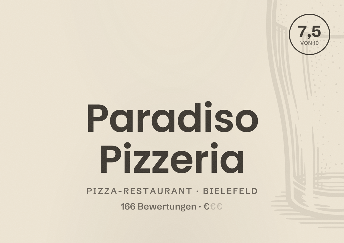 Illustriertes Poster von Paradiso Pizzeria, Pizza-Restaurant in Bielefeld: Bewertung 7,5 von 10 aus 166 Bewertungen, Preisniveau €