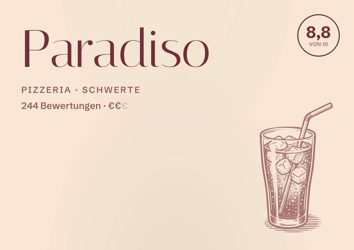 Illustriertes Poster von Paradiso, Pizzeria in Schwerte: Bewertung 8,8 von 10 aus 244 Bewertungen, Preisniveau €€