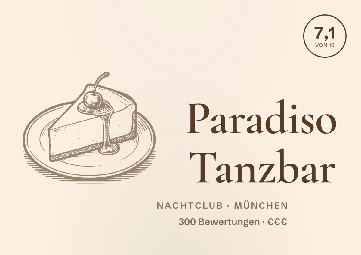Illustriertes Poster von Paradiso Tanzbar, Nachtclub in München: Bewertung 7,1 von 10 aus 300 Bewertungen, Preisniveau €€€