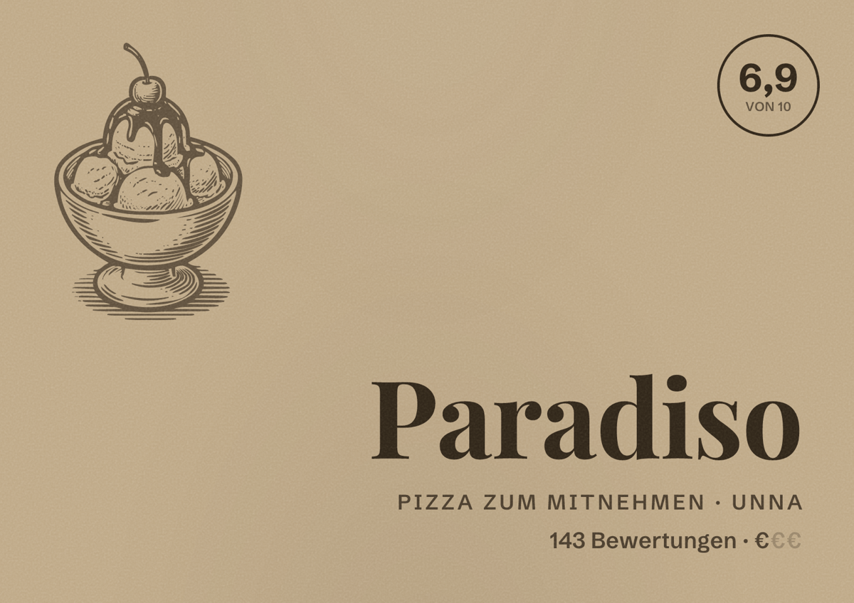 Illustriertes Poster von Paradiso, Pizza zum Mitnehmen in Unna: Bewertung 6,9 von 10 aus 143 Bewertungen, Preisniveau €