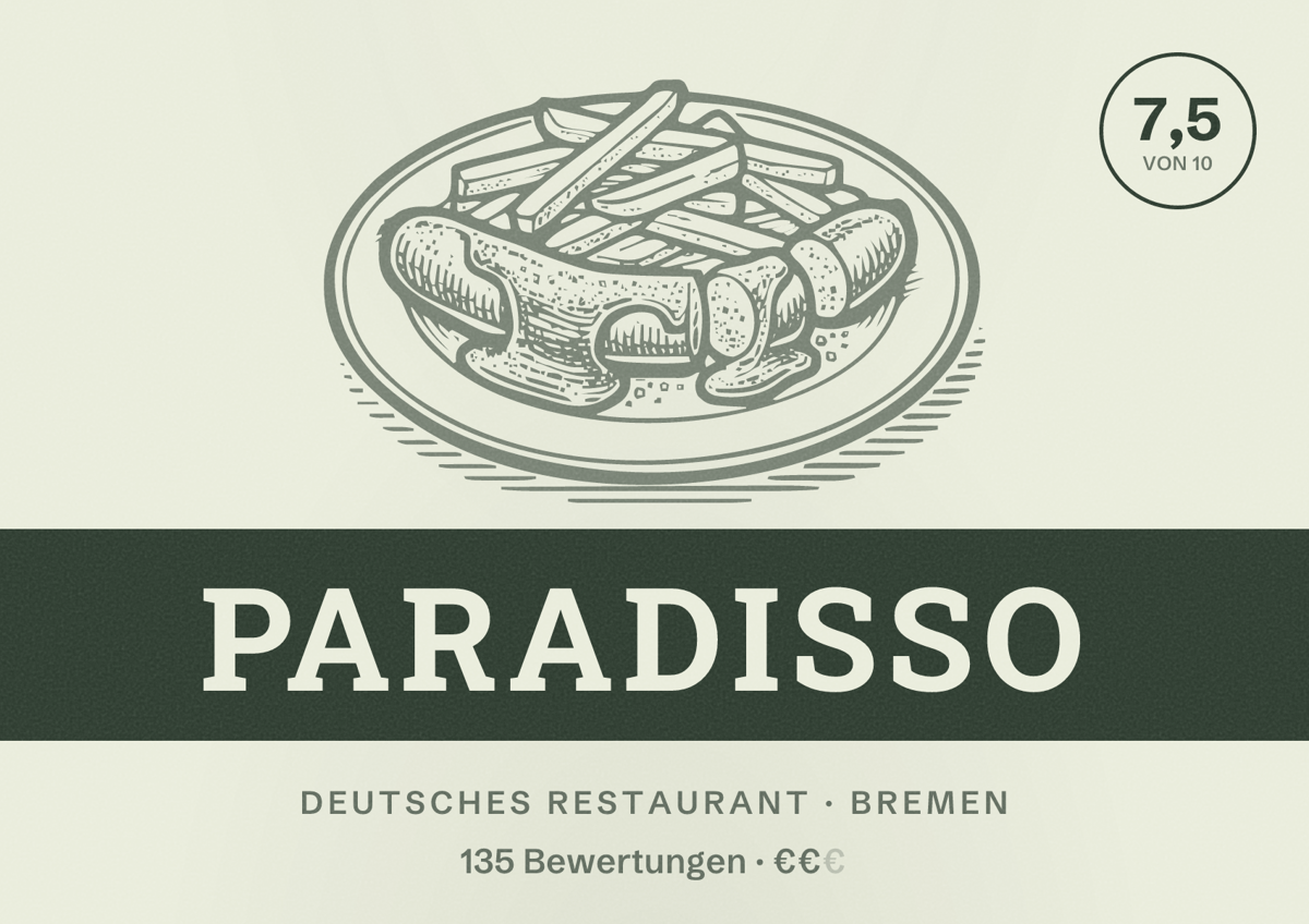 Illustriertes Poster von Paradisso, Deutsches Restaurant in Bremen: Bewertung 7,5 von 10 aus 135 Bewertungen, Preisniveau €€