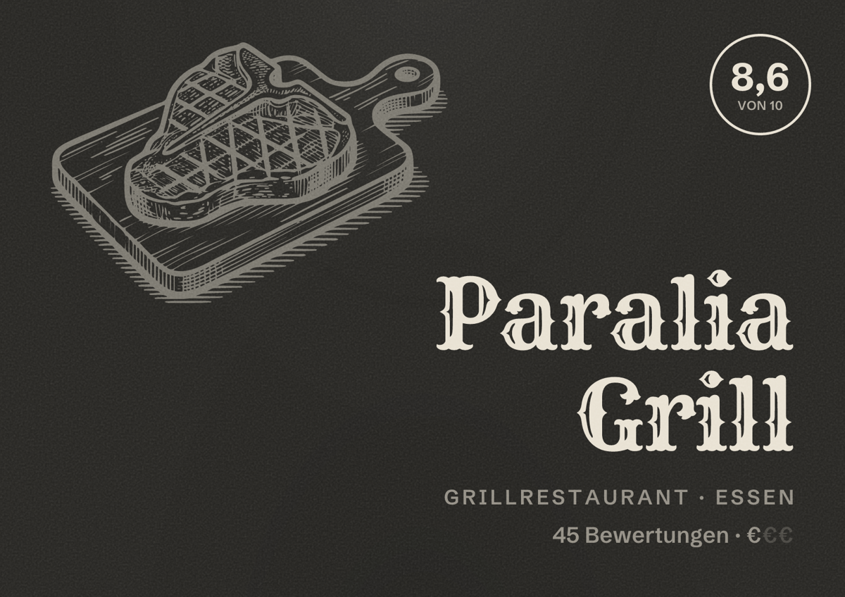 Illustriertes Poster von Paralia Grill, Grillrestaurant in Essen: Bewertung 8,6 von 10 aus 45 Bewertungen, Preisniveau €
