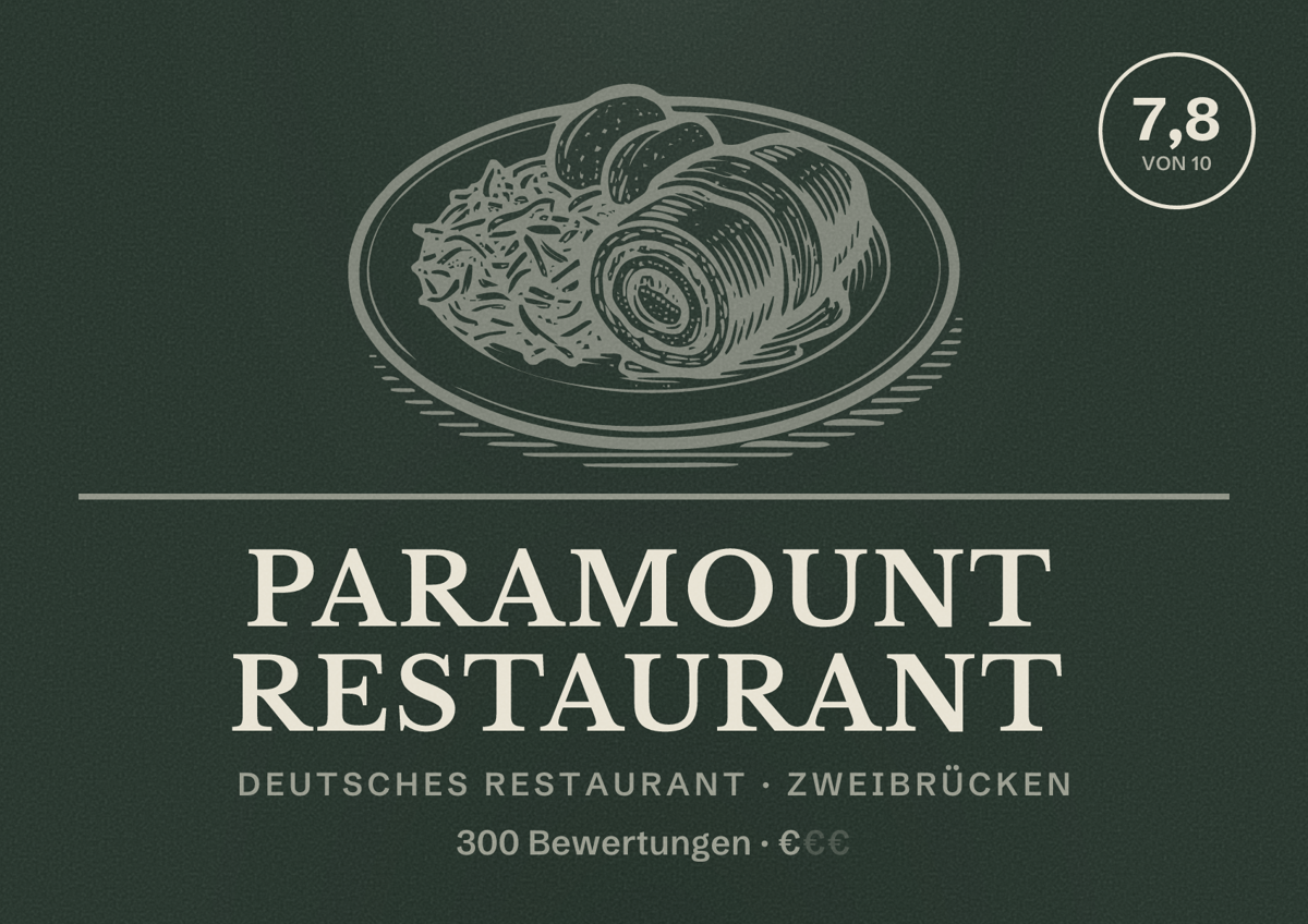 Illustriertes Poster von Paramount Restaurant, Deutsches Restaurant in Zweibrücken: Bewertung 7,8 von 10 aus 300 Bewertungen, Preisniveau €
