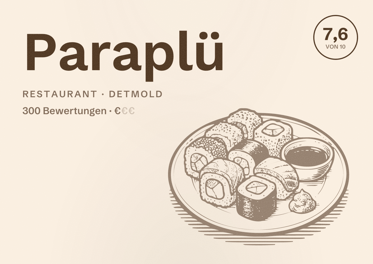 Illustriertes Poster von Paraplü, Restaurant in Detmold: Bewertung 7,6 von 10 aus 300 Bewertungen, Preisniveau €