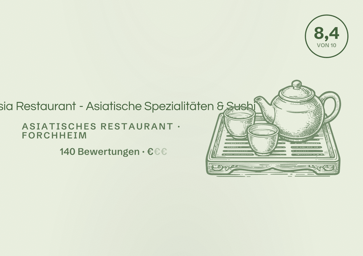 Illustriertes Poster von Parasia Restaurant - Asiatische Spezialitäten & Sushi, Asiatisches Restaurant in Forchheim: Bewertung 8,4 von 10 aus 140 Bewertungen, Preisniveau €