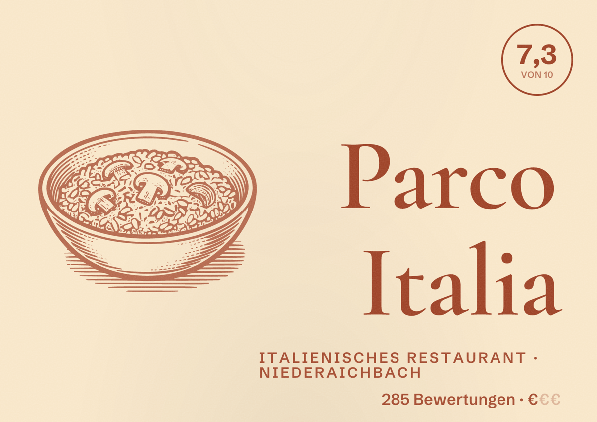 Illustriertes Poster von Parco Italia, Italienisches Restaurant in Niederaichbach: Bewertung 7,3 von 10 aus 285 Bewertungen, Preisniveau €