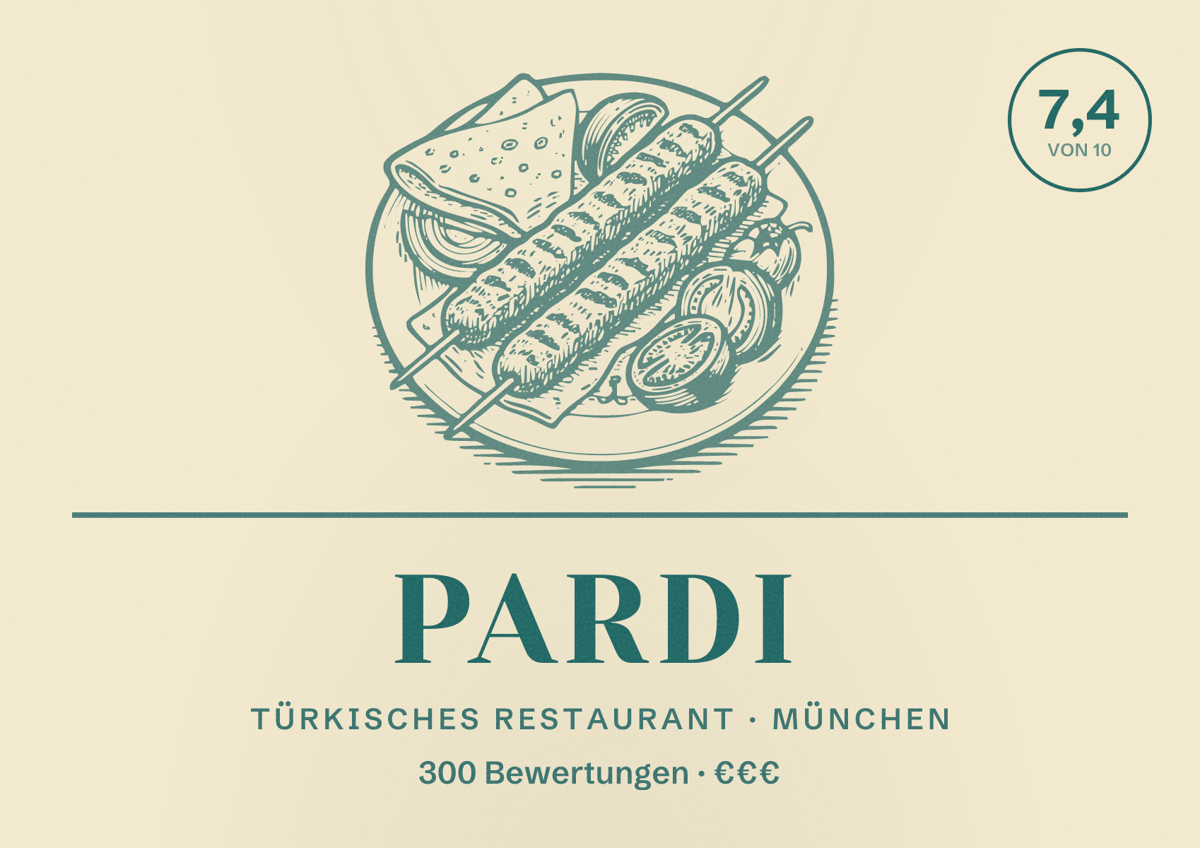 Illustriertes Poster von Pardi, Türkisches Restaurant in München: Bewertung 7,4 von 10 aus 300 Bewertungen, Preisniveau €€€