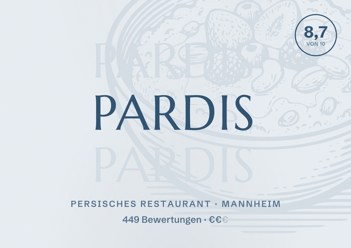 Illustriertes Poster von Pardis, Persisches Restaurant in Mannheim: Bewertung 8,7 von 10 aus 449 Bewertungen, Preisniveau €€