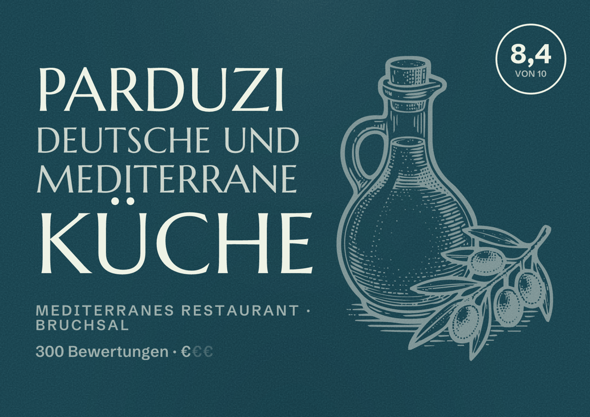 Illustriertes Poster von Parduzi Deutsche und Mediterrane Küche, Mediterranes Restaurant in Bruchsal: Bewertung 8,4 von 10 aus 300 Bewertungen, Preisniveau €