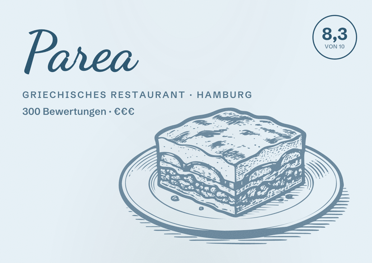 Illustriertes Poster von Parea, Griechisches Restaurant in Hamburg: Bewertung 8,3 von 10 aus 300 Bewertungen, Preisniveau €€€