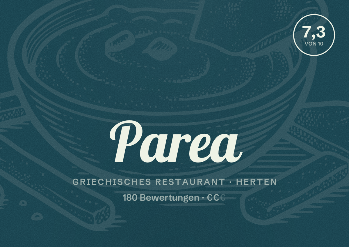 Illustriertes Poster von Parea, Griechisches Restaurant in Herten: Bewertung 7,3 von 10 aus 180 Bewertungen, Preisniveau €€