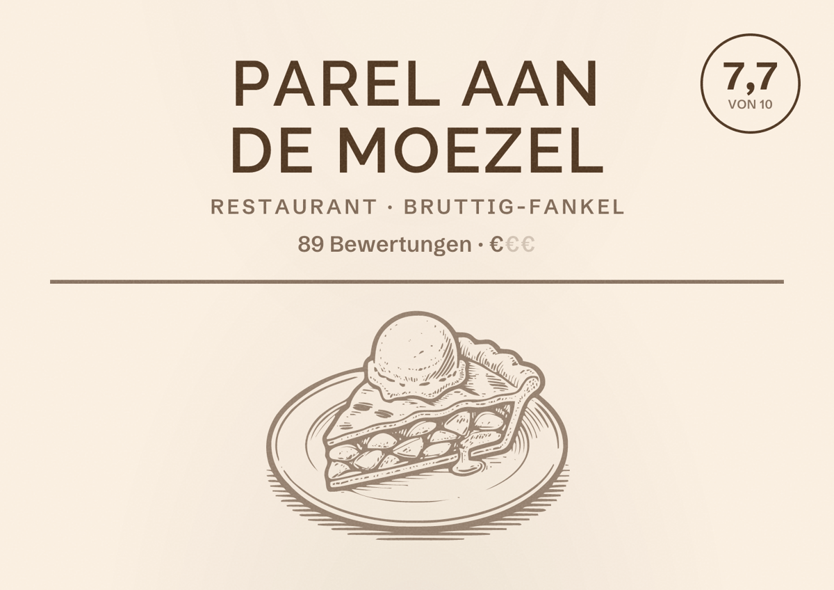 Illustriertes Poster von Parel aan de Moezel, Restaurant in Bruttig-Fankel: Bewertung 7,7 von 10 aus 89 Bewertungen, Preisniveau €