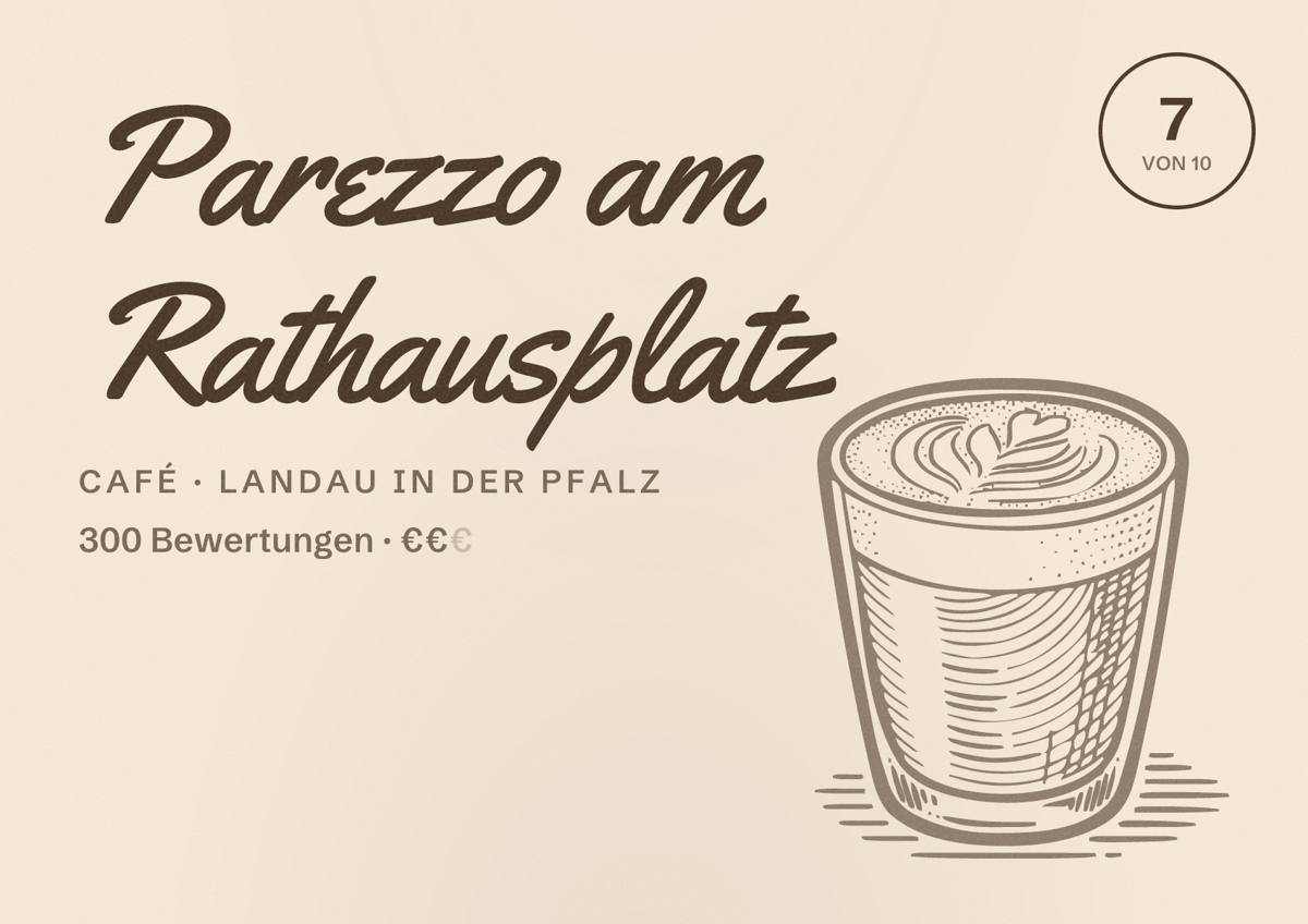 Illustriertes Poster von Parezzo am Rathausplatz, Café in Landau in der Pfalz: Bewertung 7 von 10 aus 300 Bewertungen, Preisniveau €€