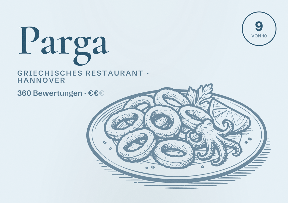 Illustriertes Poster von Parga, Griechisches Restaurant in Hannover: Bewertung 9,0 von 10 aus 360 Bewertungen, Preisniveau €€