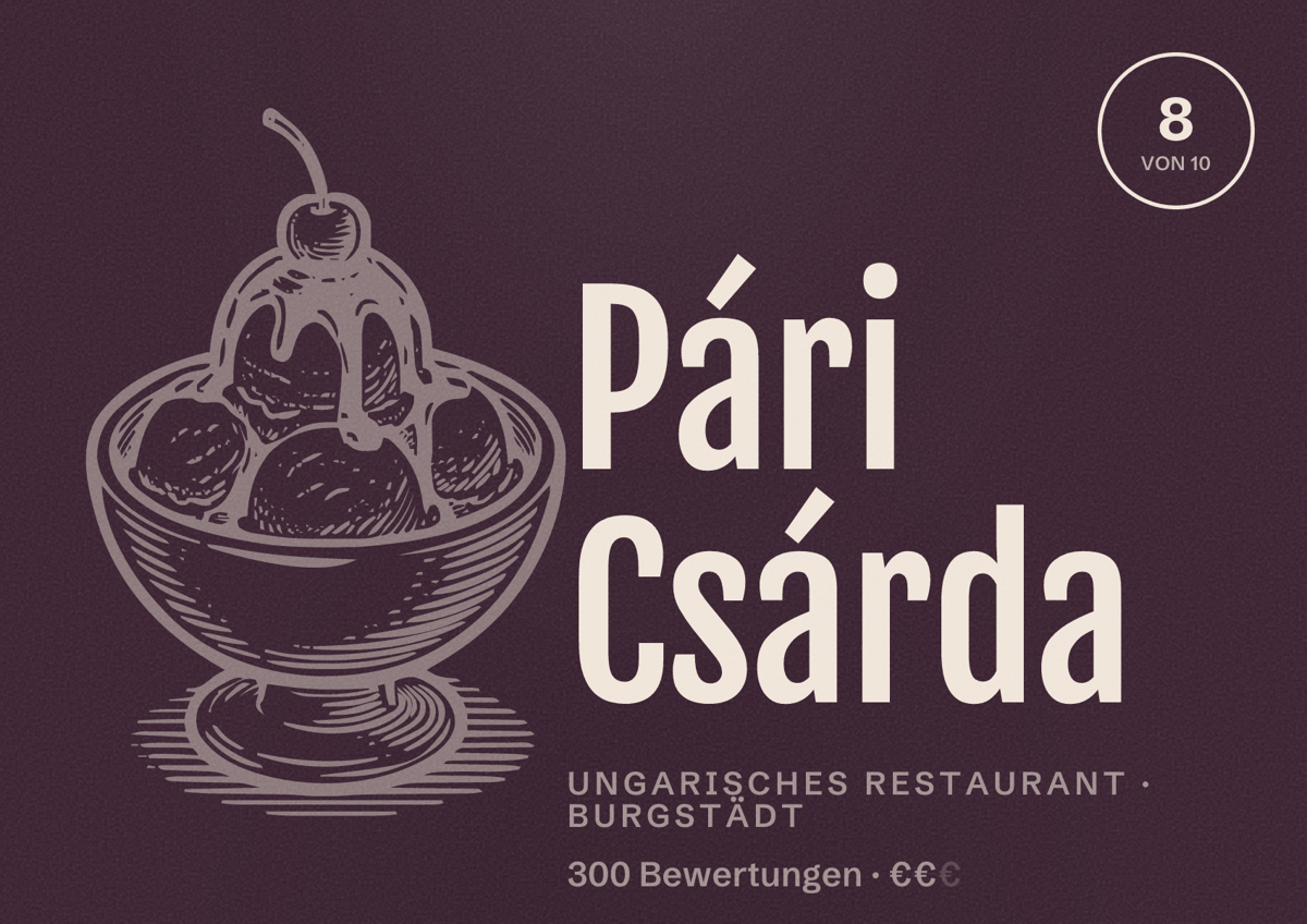 Illustriertes Poster von Pári Csárda, Ungarisches Restaurant in Burgstädt: Bewertung 8 von 10 aus 300 Bewertungen, Preisniveau €€
