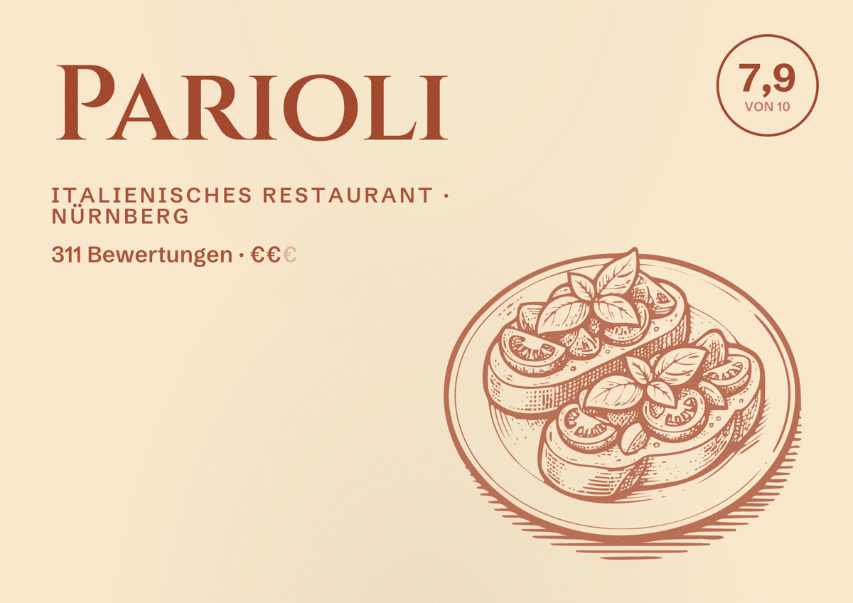 Illustriertes Poster von Parioli, Italienisches Restaurant in Nürnberg: Bewertung 7,9 von 10 aus 311 Bewertungen, Preisniveau €€
