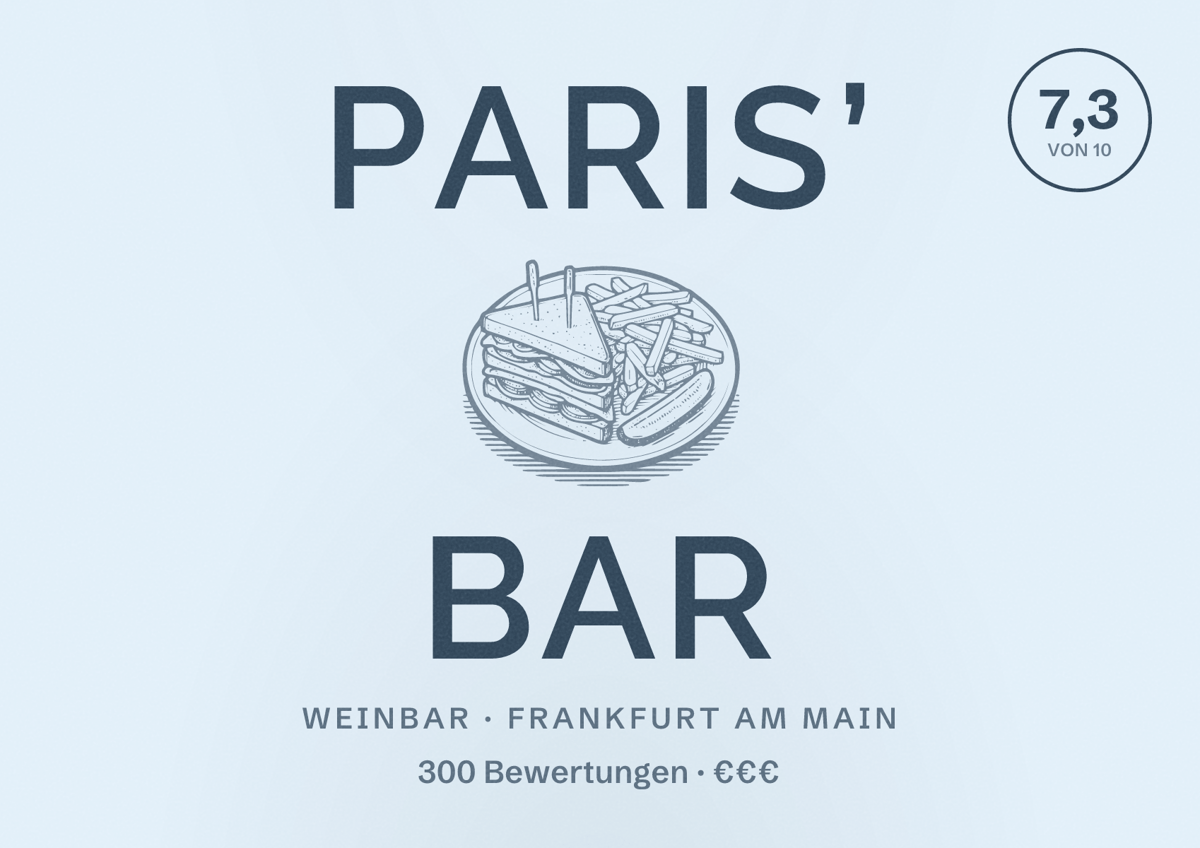 Illustriertes Poster von Paris’ Bar, Weinbar in Frankfurt am Main: Bewertung 7,3 von 10 aus 300 Bewertungen, Preisniveau €€€