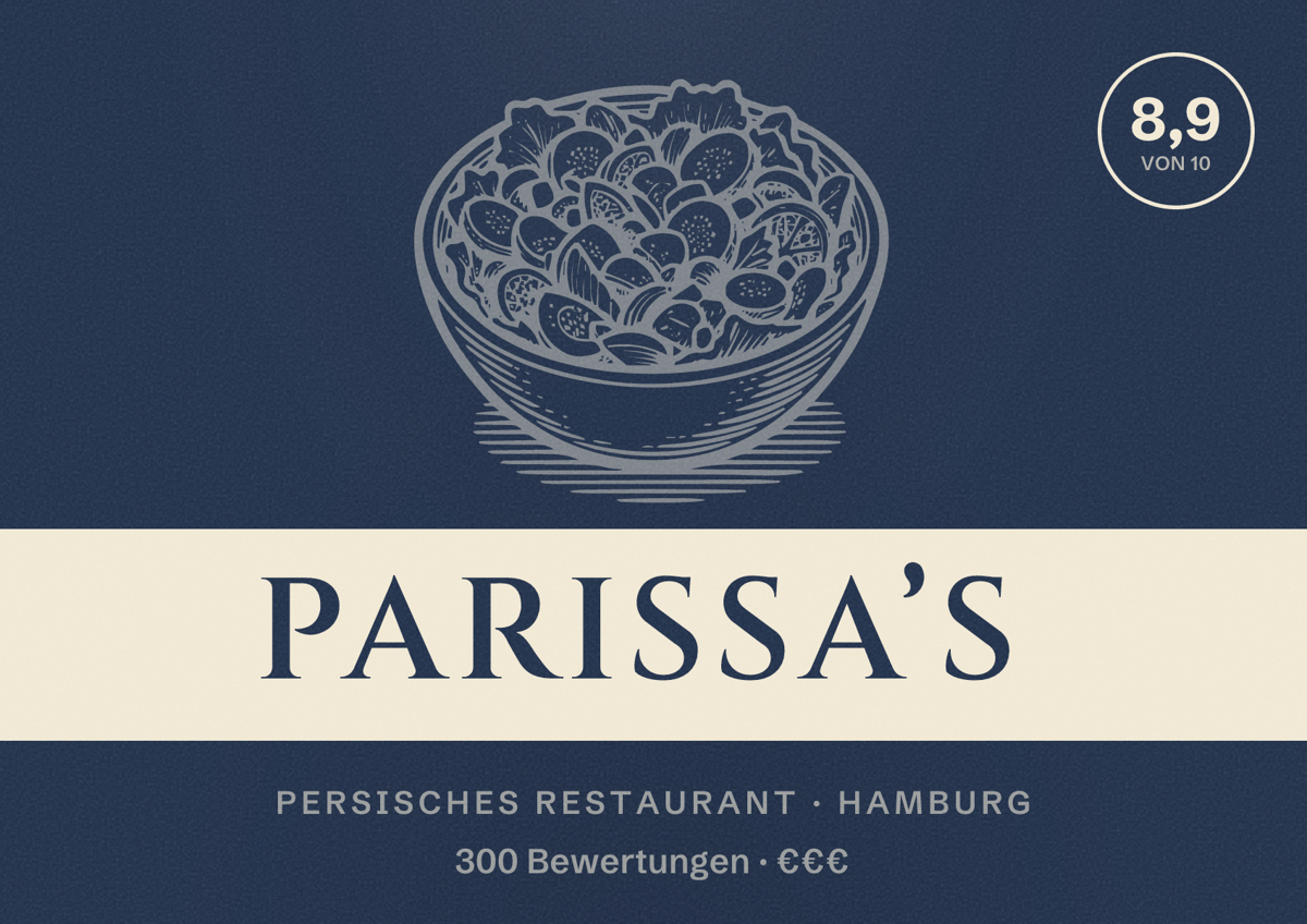 Illustriertes Poster von Parissa’s, Persisches Restaurant in Hamburg: Bewertung 8,9 von 10 aus 300 Bewertungen, Preisniveau €€€