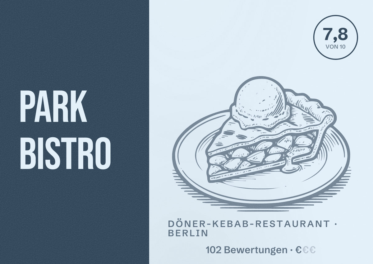 Illustriertes Poster von Park Bistro, Döner-Kebab-Restaurant in Berlin: Bewertung 7,8 von 10 aus 102 Bewertungen, Preisniveau €