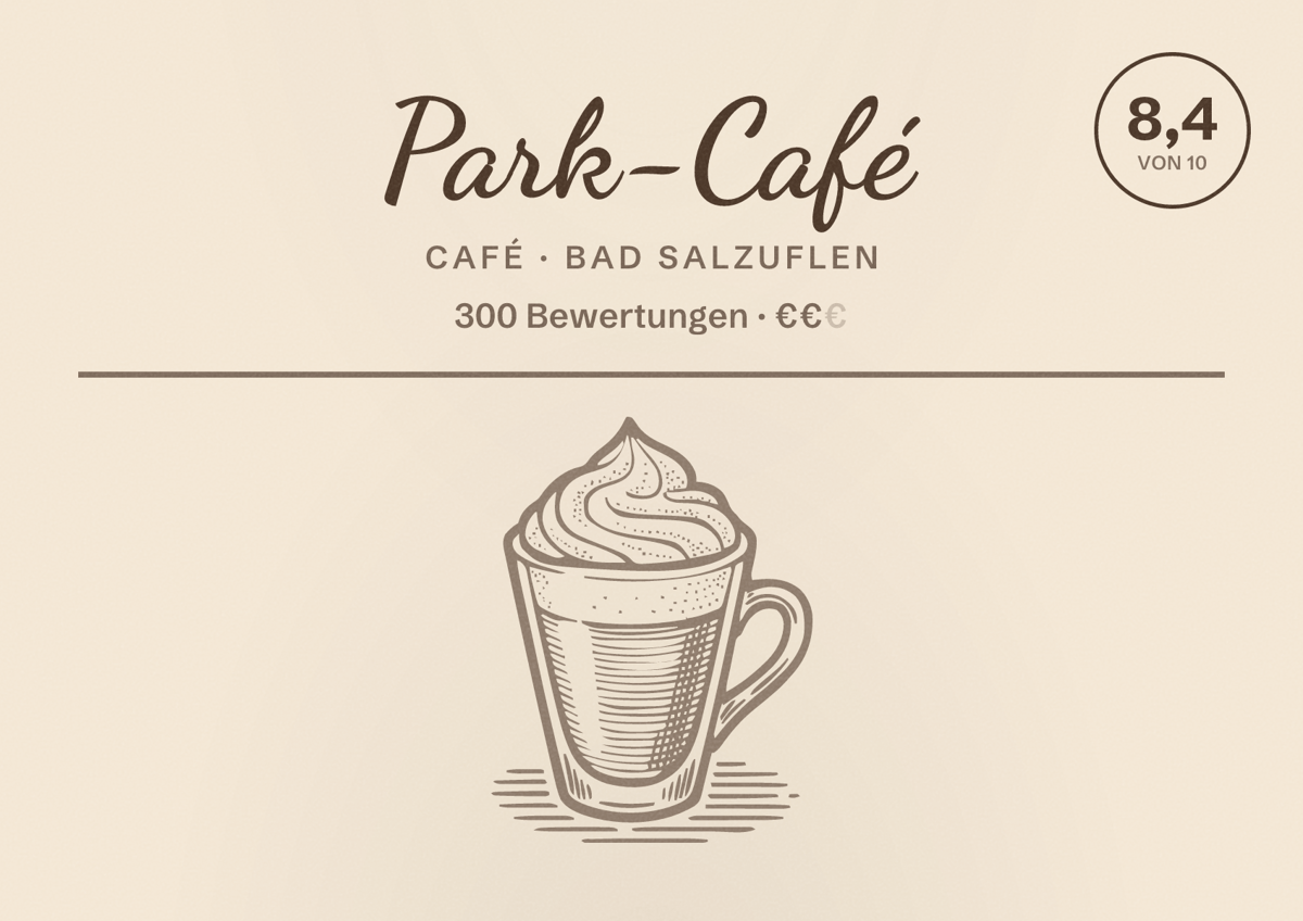 Illustriertes Poster von Park-Café, Café in Bad Salzuflen: Bewertung 8,4 von 10 aus 300 Bewertungen, Preisniveau €€