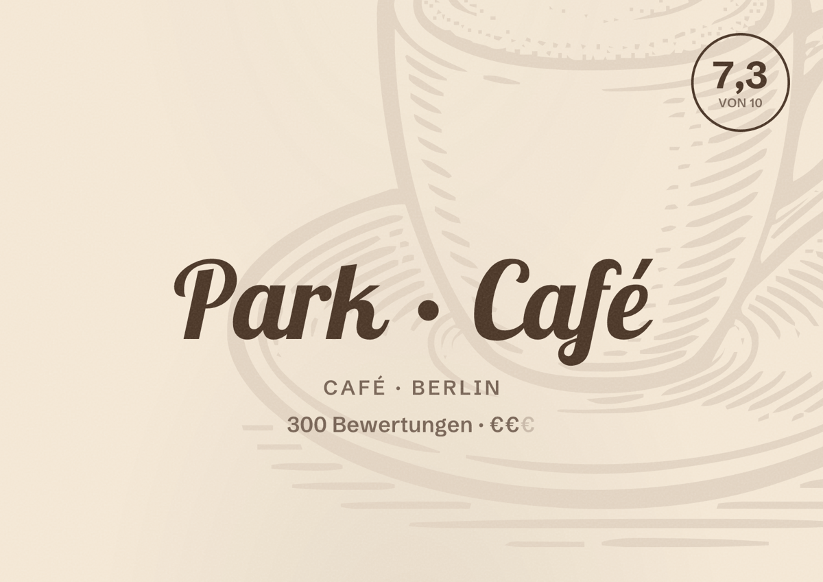 Illustriertes Poster von Park Café, Café in Berlin: Bewertung 7,3 von 10 aus 300 Bewertungen, Preisniveau €€