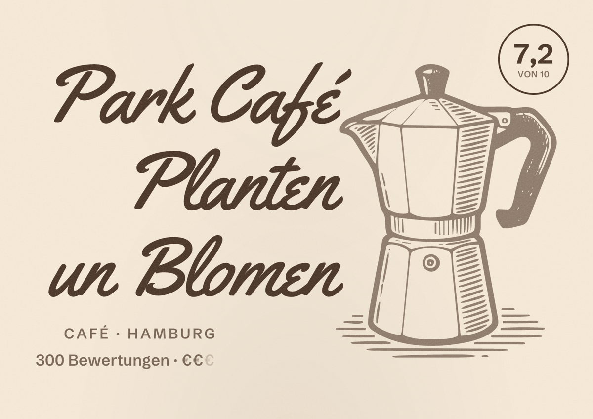 Illustriertes Poster von Park Café Planten un Blomen, Café in Hamburg: Bewertung 7,2 von 10 aus 300 Bewertungen, Preisniveau €€