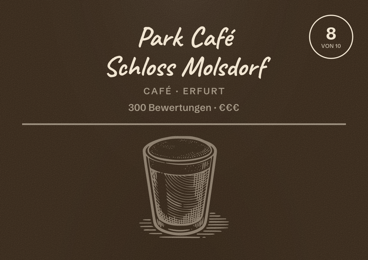 Illustriertes Poster von Park Café Schloss Molsdorf, Café in Erfurt: Bewertung 8,0 von 10 aus 300 Bewertungen, Preisniveau €€€