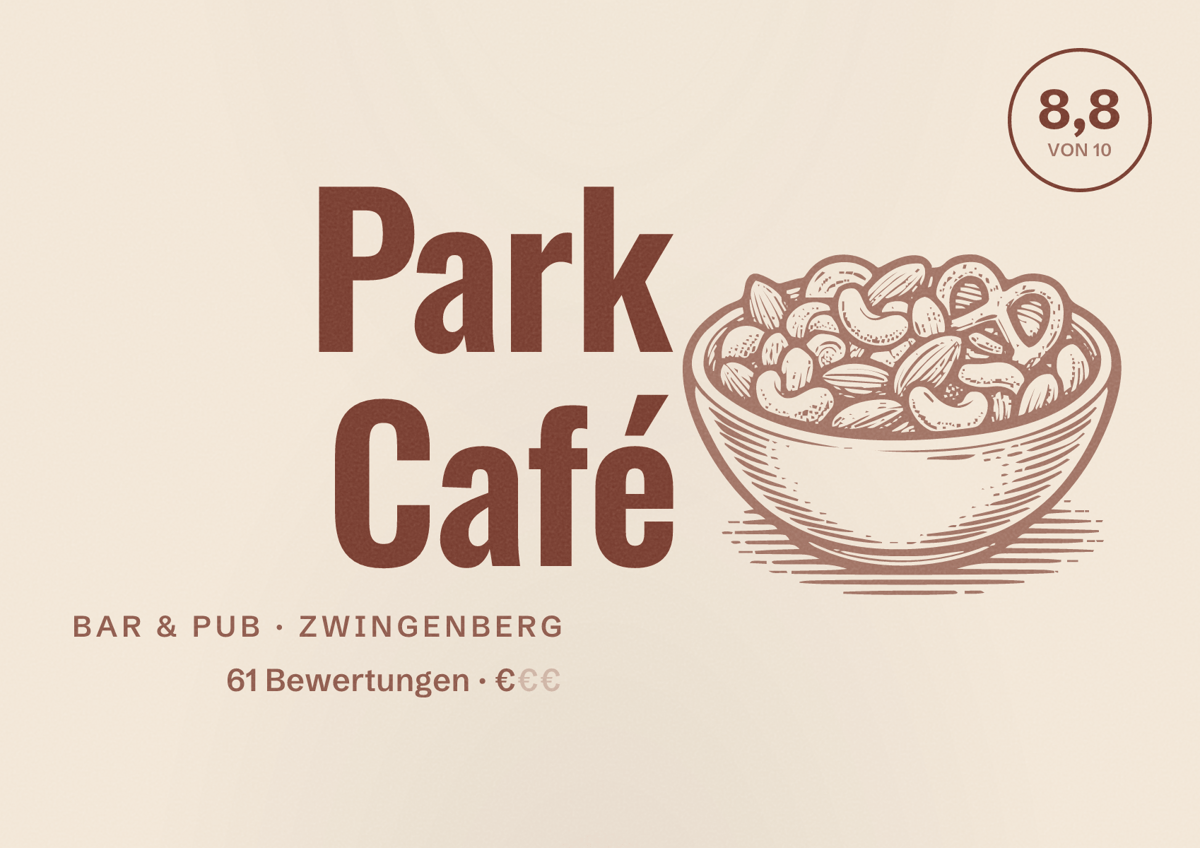 Illustriertes Poster von Park Café, Bar & Pub in Zwingenberg: Bewertung 8,8 von 10 aus 61 Bewertungen, Preisniveau €