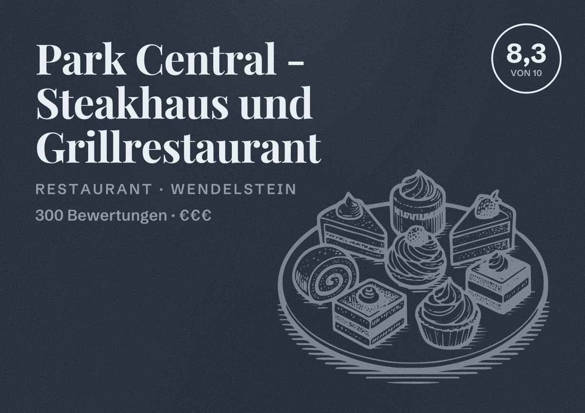 Illustriertes Poster von Park Central - Steakhaus und Grillrestaurant, Restaurant in Wendelstein: Bewertung 8,3 von 10 aus 300 Bewertungen, Preisniveau €€€