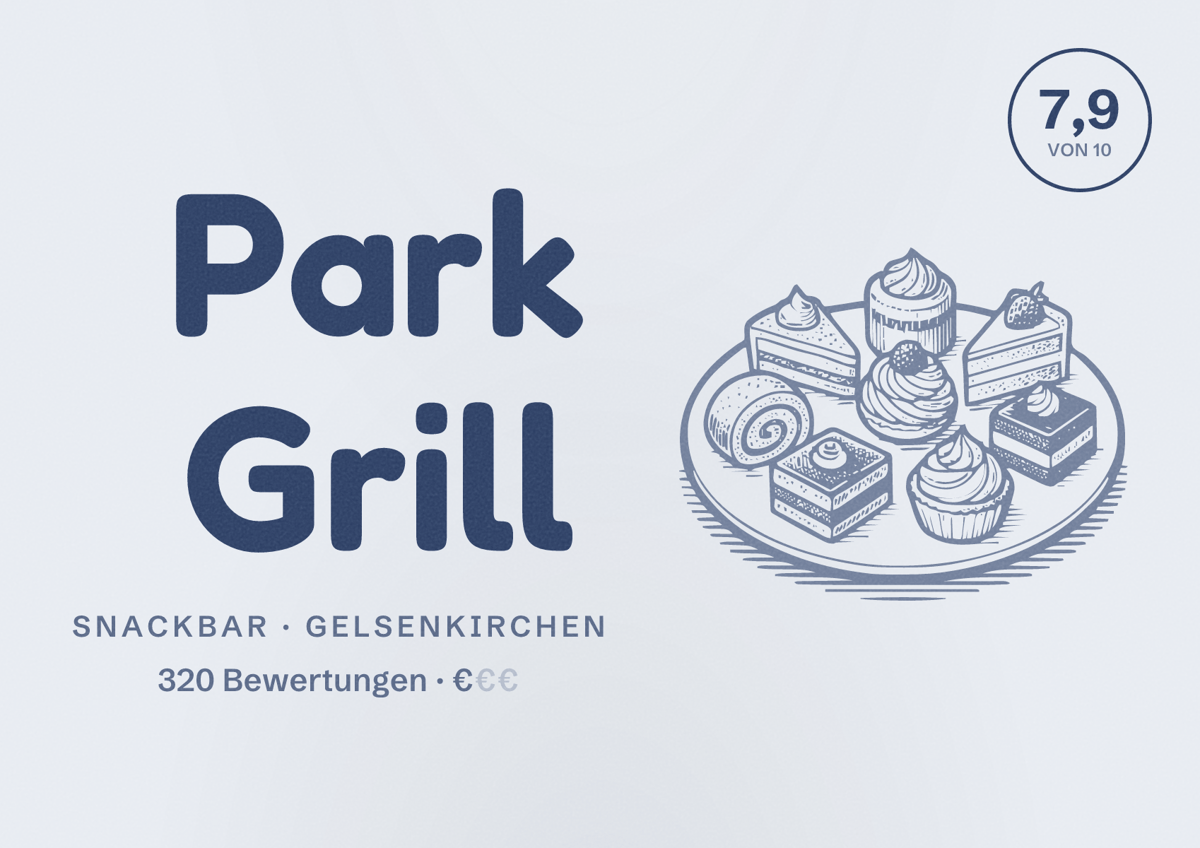 Illustriertes Poster von Park Grill, Snackbar in Gelsenkirchen: Bewertung 7,9 von 10 aus 320 Bewertungen, Preisniveau €