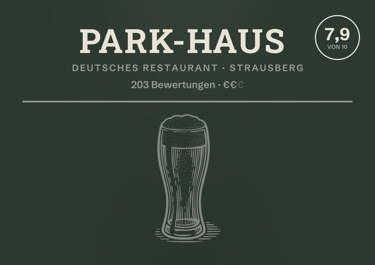Illustriertes Poster von Park-Haus, Deutsches Restaurant in Strausberg: Bewertung 7,9 von 10 aus 203 Bewertungen, Preisniveau €€
