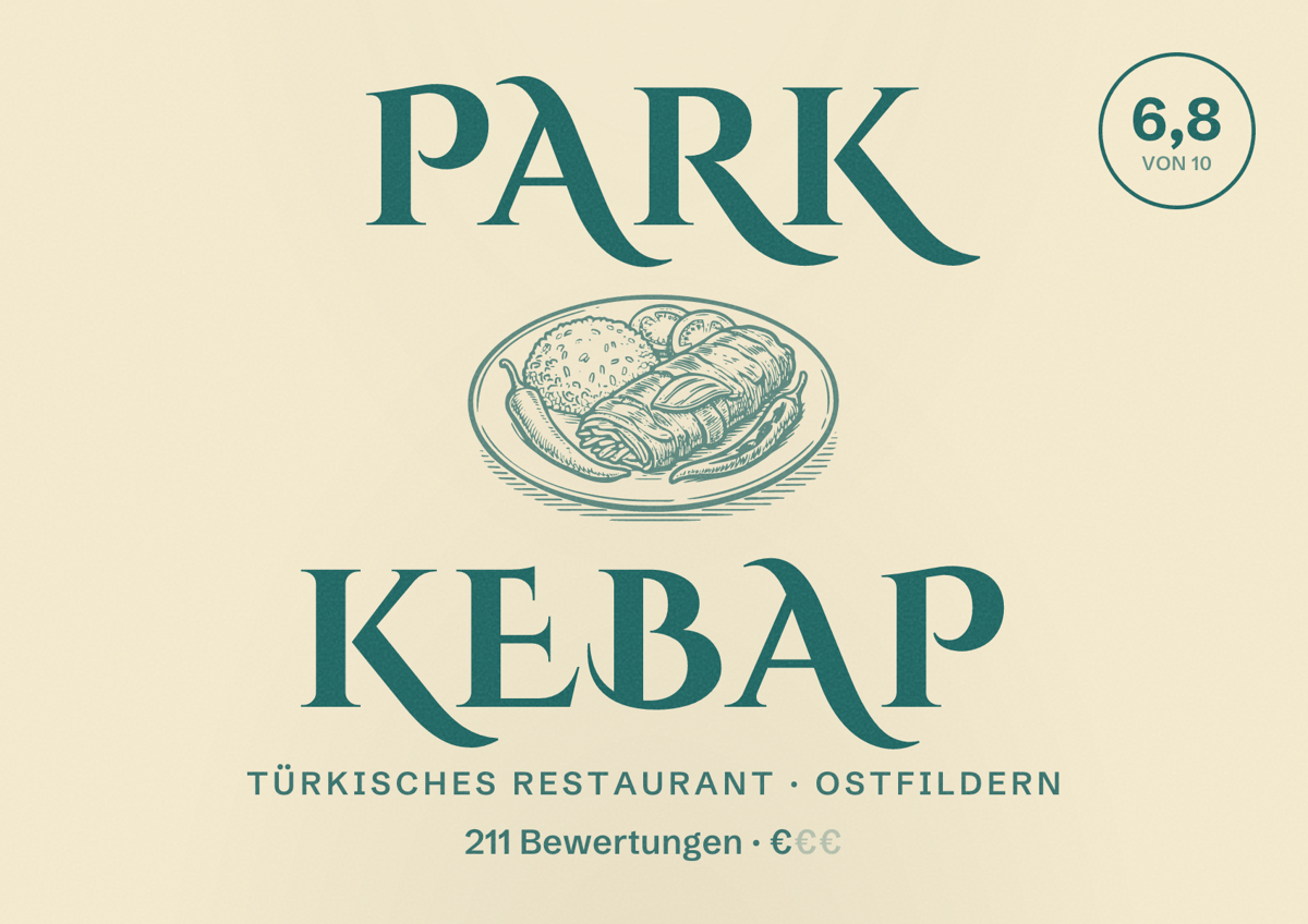 Illustriertes Poster von Park Kebap, Türkisches Restaurant in Ostfildern: Bewertung 6,8 von 10 aus 211 Bewertungen, Preisniveau €