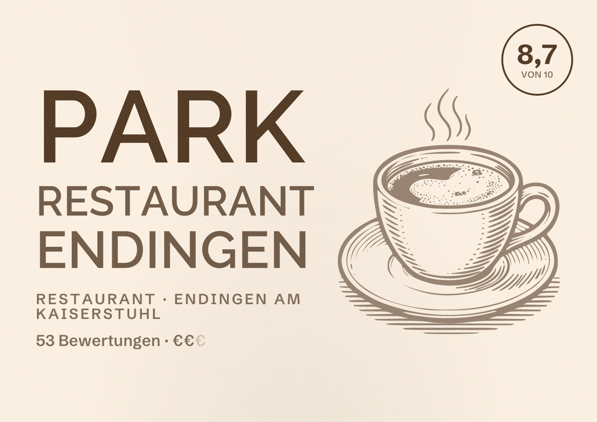 Illustriertes Poster von Park Restaurant Endingen, Restaurant in Endingen am Kaiserstuhl: Bewertung 8,7 von 10 aus 53 Bewertungen, Preisniveau €€