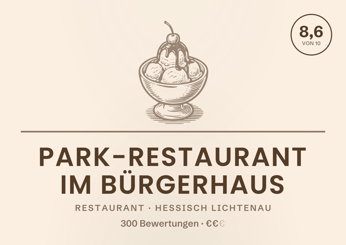 Illustriertes Poster von Park-Restaurant im Bürgerhaus, Restaurant in Hessisch Lichtenau: Bewertung 8,6 von 10 aus 300 Bewertungen, Preisniveau €€