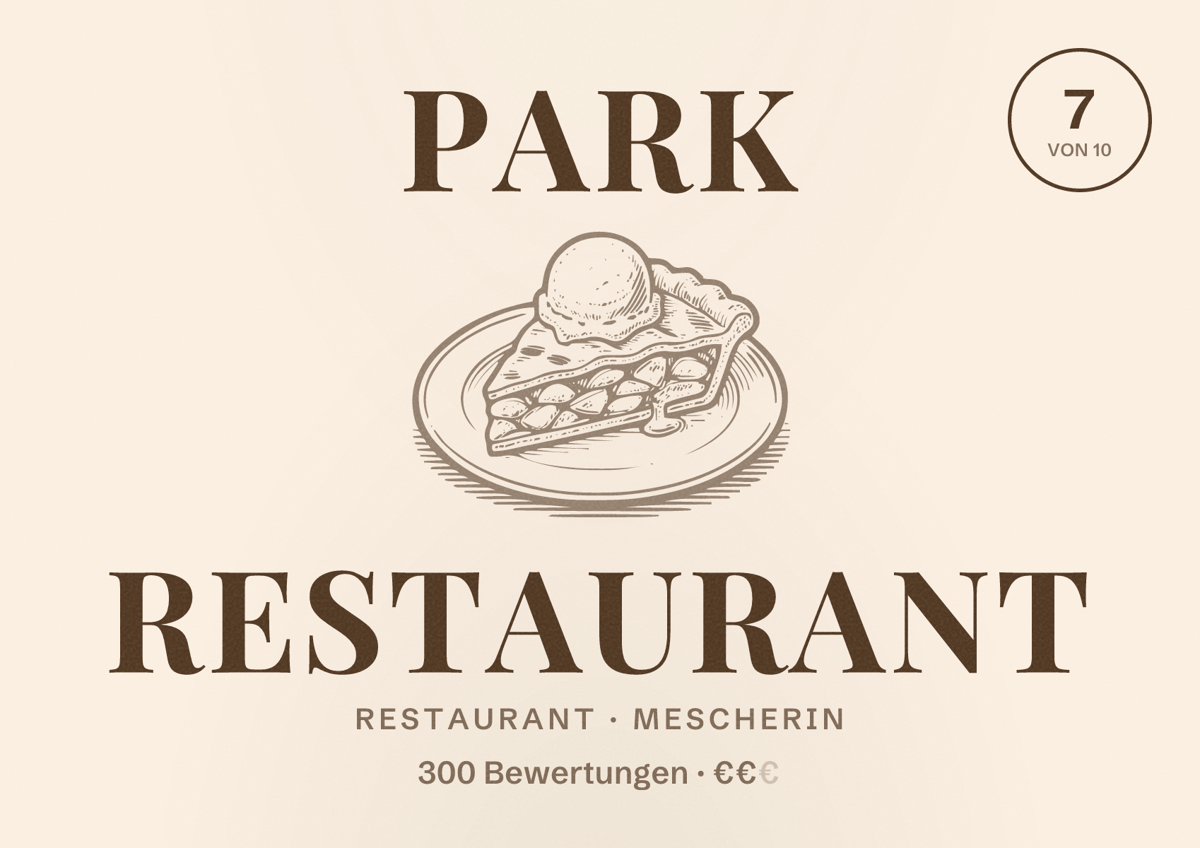 Illustriertes Poster von Park Restaurant, Restaurant in Mescherin: Bewertung 7 von 10 aus 300 Bewertungen, Preisniveau €€