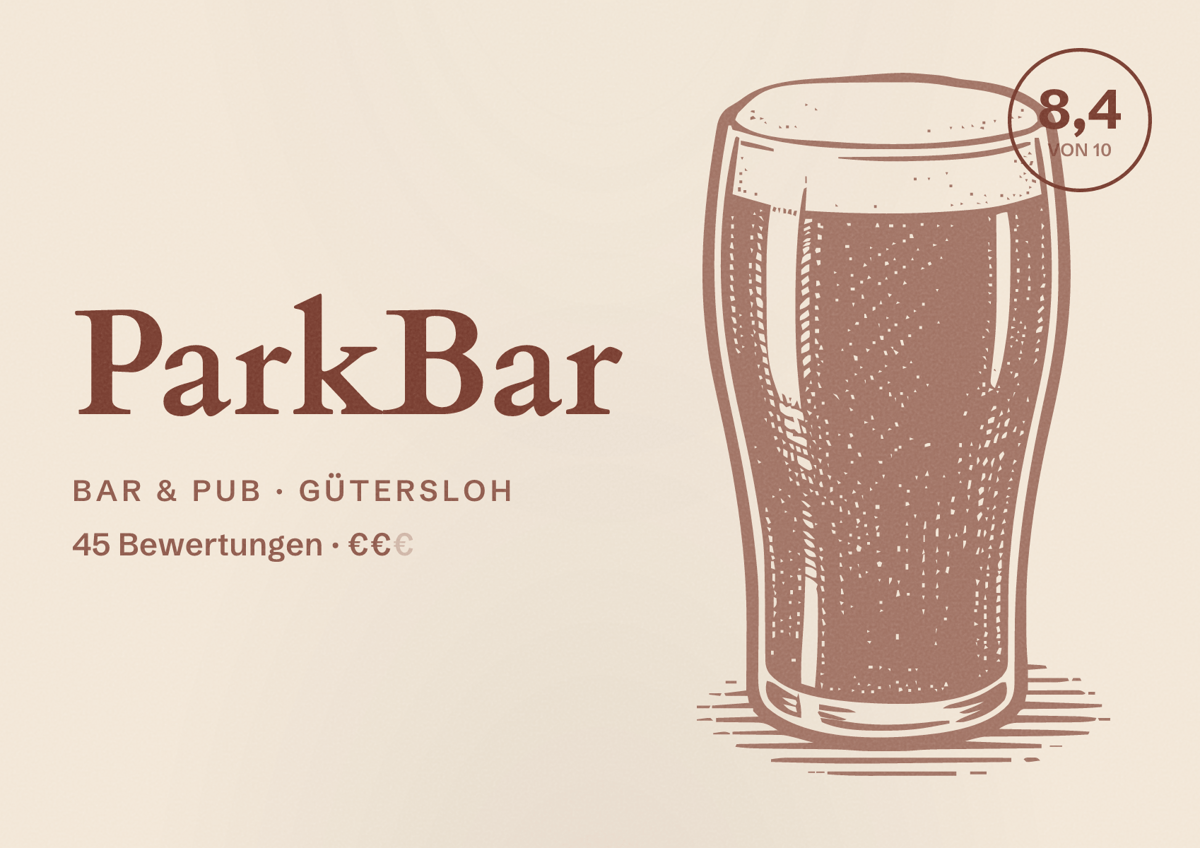 Illustriertes Poster von ParkBar, Bar & Pub in Gütersloh: Bewertung 8,4 von 10 aus 45 Bewertungen, Preisniveau €€