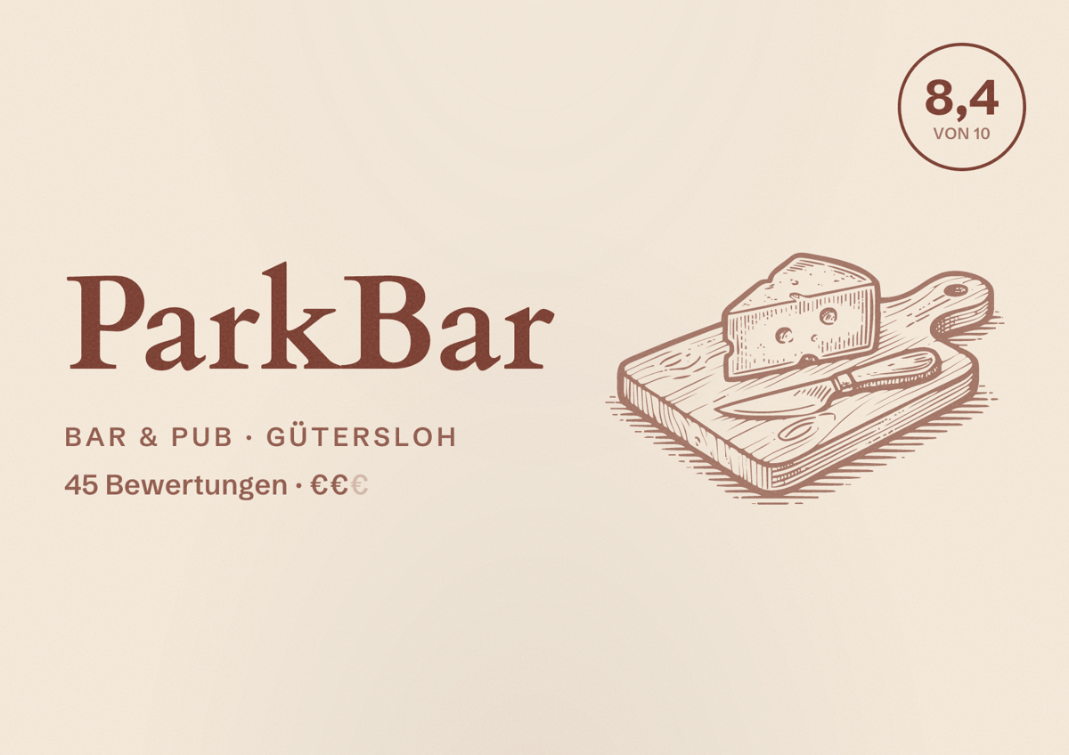 Illustriertes Poster von ParkBar, Bar & Pub in Gütersloh: Bewertung 8,4 von 10 aus 45 Bewertungen, Preisniveau €€