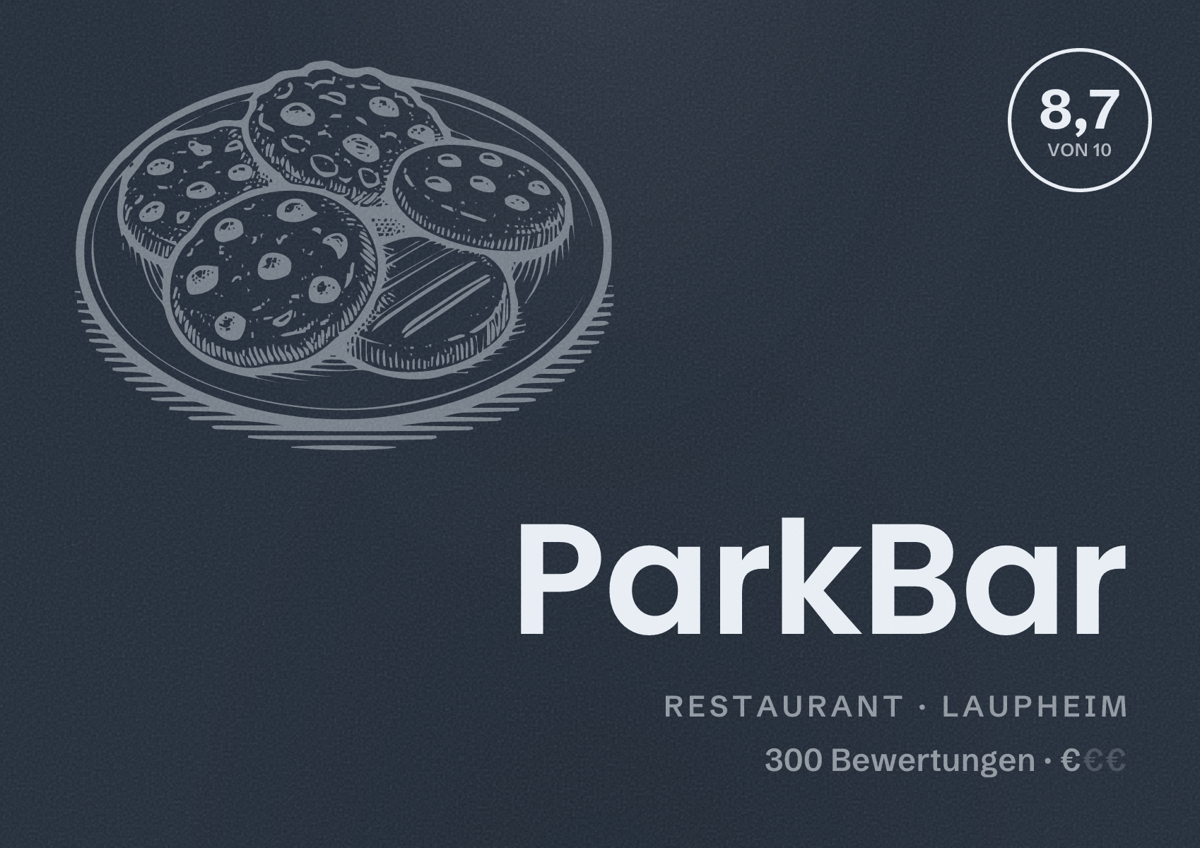 Illustriertes Poster von ParkBar, Restaurant in Laupheim: Bewertung 8,7 von 10 aus 300 Bewertungen, Preisniveau €