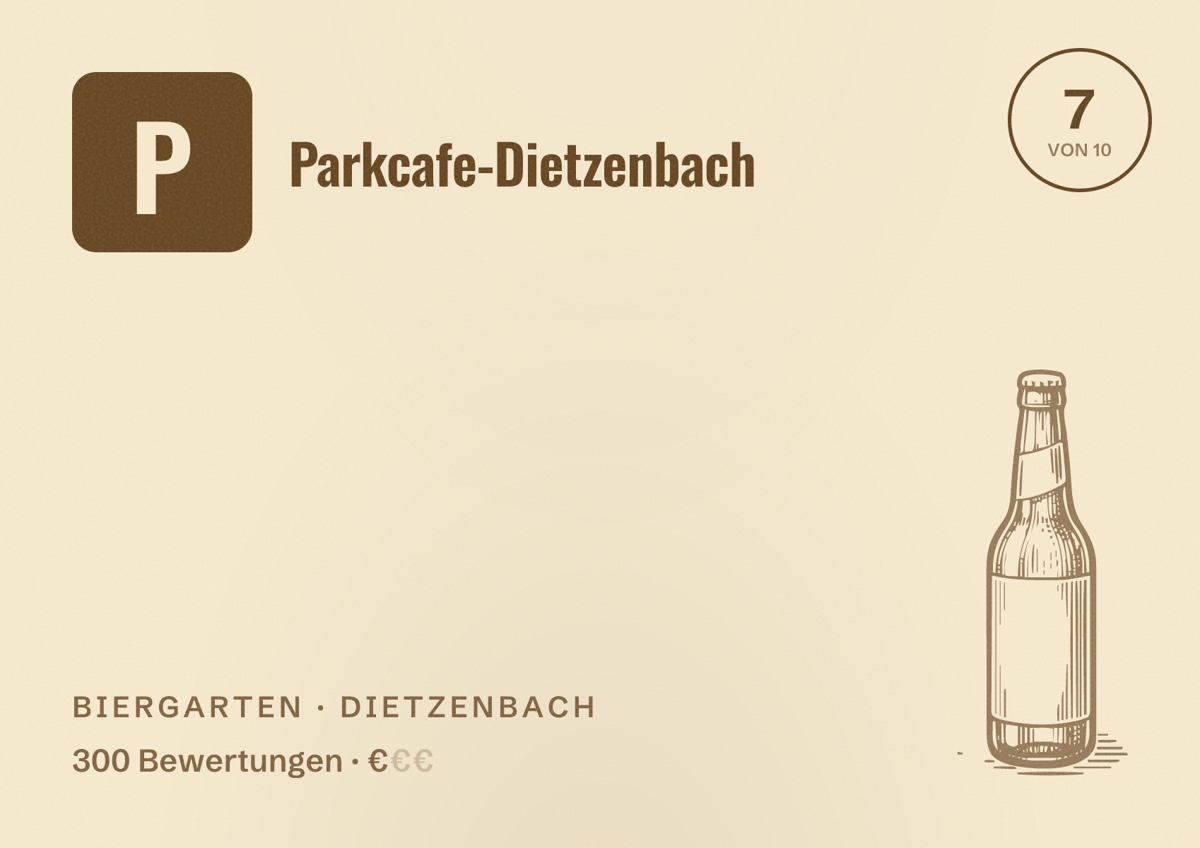 Illustriertes Poster von Parkcafe-Dietzenbach, Biergarten in Dietzenbach: Bewertung 7 von 10 aus 300 Bewertungen, Preisniveau €