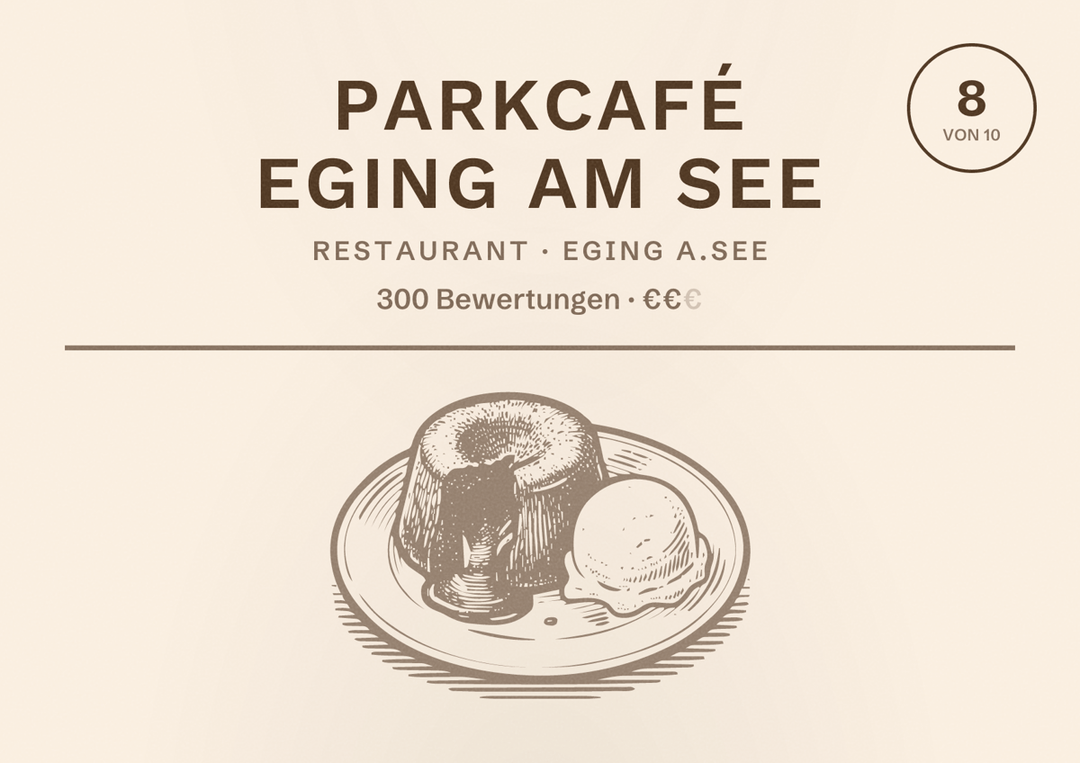 Illustriertes Poster von Parkcafé Eging am See, Restaurant in Eging a.See: Bewertung 8 von 10 aus 300 Bewertungen, Preisniveau €€