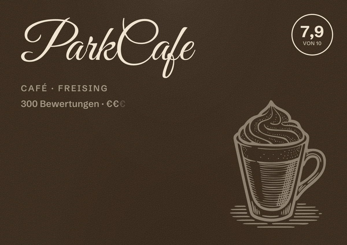 Illustriertes Poster von ParkCafe, Café in Freising: Bewertung 7,9 von 10 aus 300 Bewertungen, Preisniveau €€