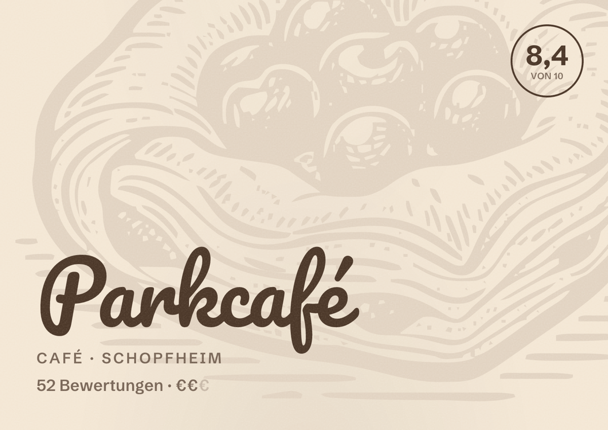 Illustriertes Poster von Parkcafé, Café in Schopfheim: Bewertung 8,4 von 10 aus 52 Bewertungen, Preisniveau €€